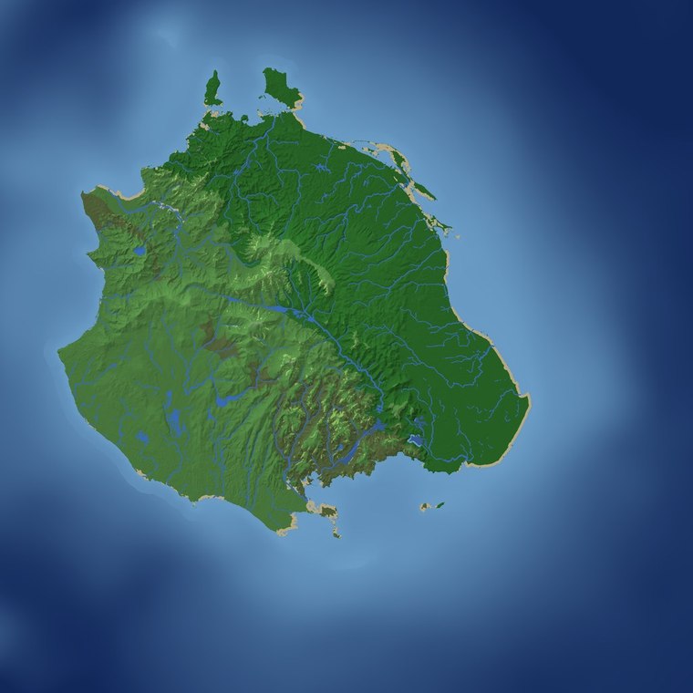 Generated continent overview: rivers flow from inland mountains to the sea, forming lakes along the way