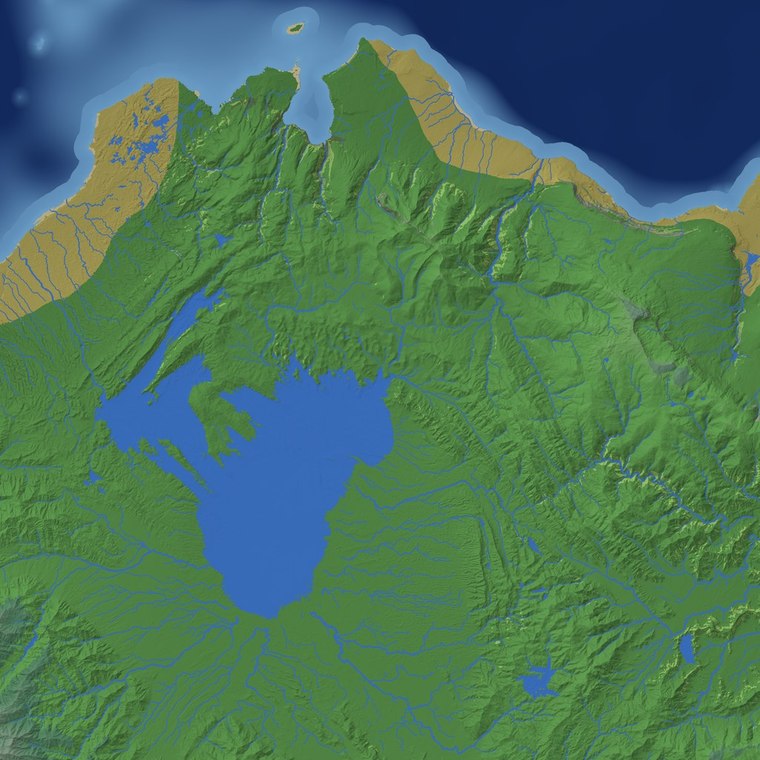 Inland plains: vast land with a central lake, coastline barely in frame