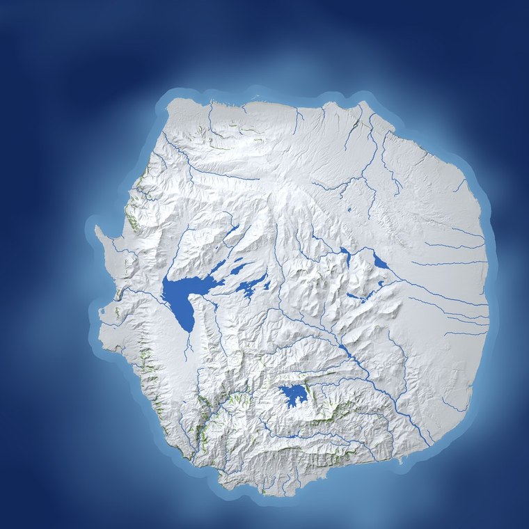 A lone island set to polar climate: snow-covered, river channels clearly visible
